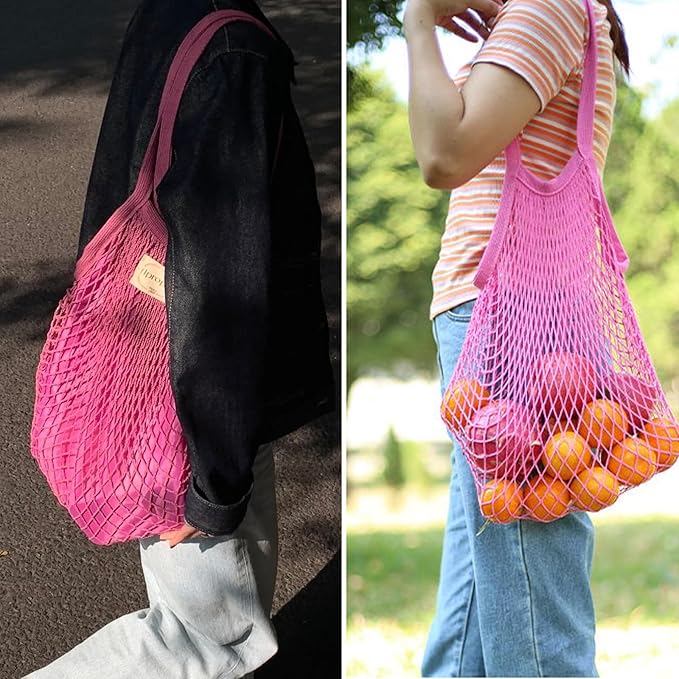 Zyzhogar 3 Pack Cotton Mesh Grocery Bags,Reusable Grocery Net Bags Washable Fruit and Vegetable Storage Bag Long Handle Net Tote Shopping Bags for Farmers Market, Grocery,Shoping or Trip,Hot Pink