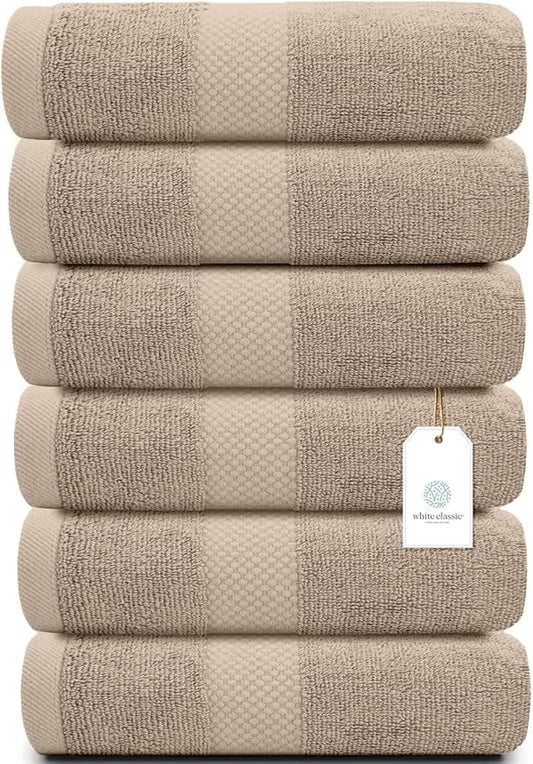 White Classic Luxury Taupe Hand Towels - Soft 100% Turkish Cotton | Highly Absorbent Hotel spa Bathroom Towel Collection | 16x30 Inch | Set of 6