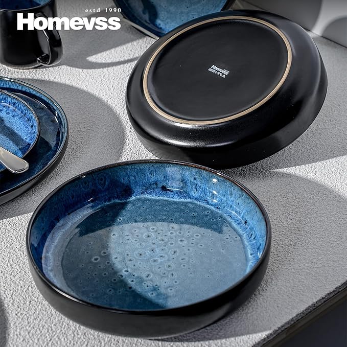 HomeVss 20-Piece Dinnerware Set - Serves 4, Reactive Glaze Bubble Blue Plates & Bowls Set | Microwave & Dishwasher Safe