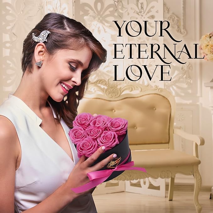 GLAMOUR BOUTIQUE 7 Flower Forever Heart Shape Box - Preserved Roses Gift for Her, Preserved Flowers, Pink