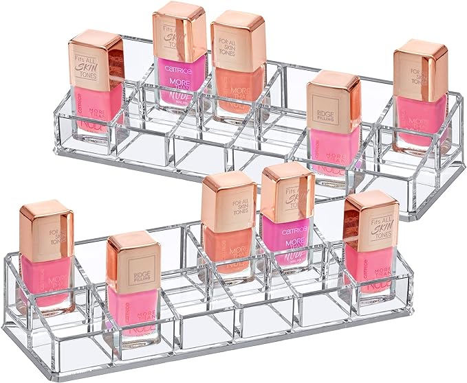 Amazing Abby - Glamour - 2-Pack 12-Slot Acrylic Nail Polish Organizer, Lipstick Holder, Lip Gloss Organizer, Cosmetic Storage Display, Perfect Storage Solution for Drawer, Vanity, Bathroom, and More