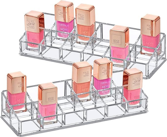 Amazing Abby - Glamour - 2-Pack 12-Slot Acrylic Nail Polish Organizer, Lipstick Holder, Lip Gloss Organizer, Cosmetic Storage Display, Perfect Storage Solution for Drawer, Vanity, Bathroom, and More
