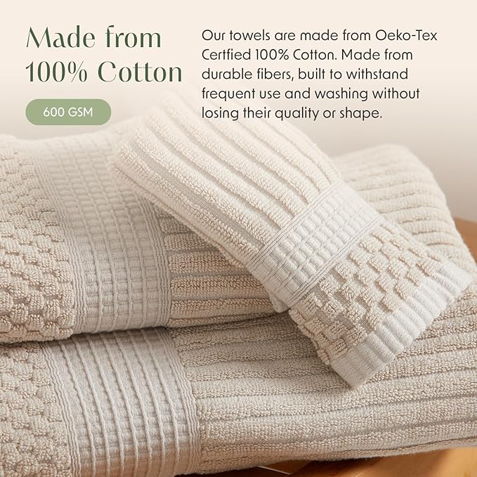 Springtree Home 100% Cotton Bath Towel Set of 4 | Super Soft & Absorbent with Quick-Dry Fibers | 4 Bath Towels |Textured and Durable Cotton | Krista Collection (Beige)