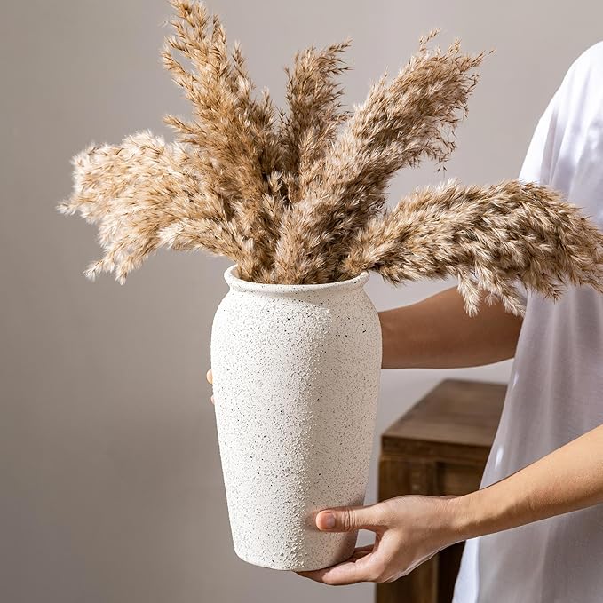 Rustic Farmhouse Flower Large Ceramic Vase, Vintage Pampas Grass Vase, White Modern Decorative Ceramic Flower Vase for Home Decor, Table, Living Room Decoration, Shelf Decor, Mantel, 9.8 Inch
