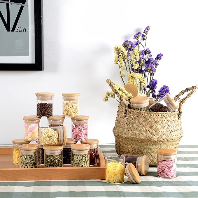 20 Pcs Glass Spice Jars with Airtight Bamboo Lids, Labels and Pen, 2.5oz Mini Clear Food Storage Containers for the Pantry, Kitchen Canisters for Tea, Herbs, Sugar, Salt, Coffee and More