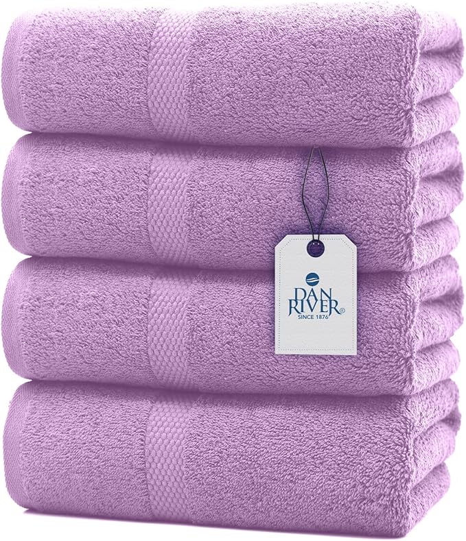 DAN RIVER Bath Towels Set of 4, 27 x 54 Inches, 100% Cotton, Larger & Lighter Weight, Quicker to Dry, Super Soft and Absorbent, Ideal Shower Towel for Daily Use, Lavender