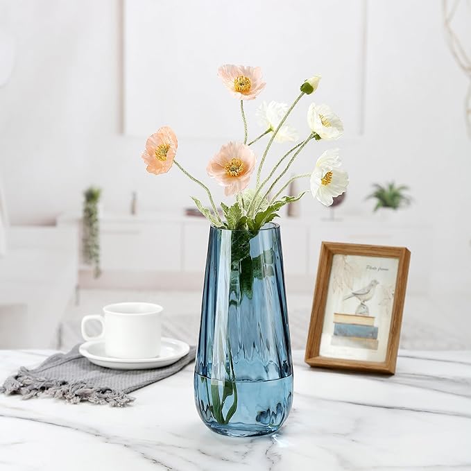 Modern Large Glass Vase H-9.8" Blue Vases for Flowers, Centerpieces and Decorative Accents - Tall Plant Vase for Office Home Table Decor