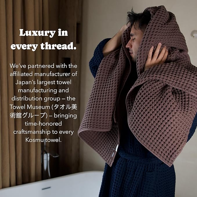 Luxury Japanese Cotton Waffle Bath Towel | Plush, Absorbent, and Quick Dry | Free Storage Bag Included (Dark Cocoa, Bath Towel, 55" x 34")