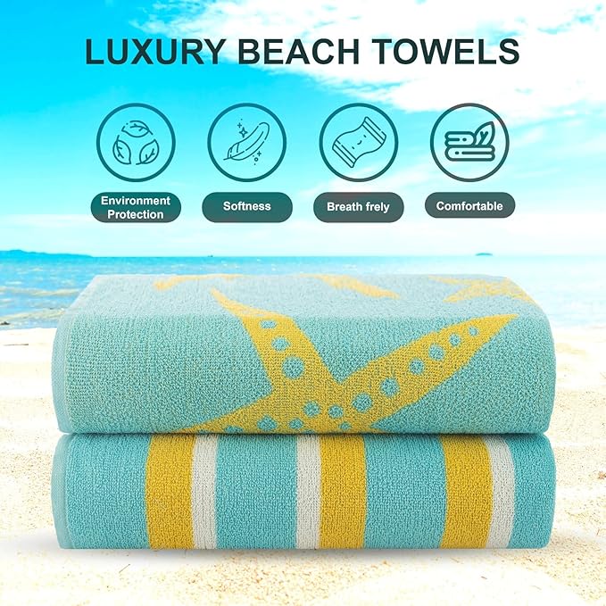 CASA COPENHAGEN Miami Bath Towels Designed in Denmark Rough and Tough, Quick Dry, for Pool, Bath & Shower 30"x60", 2 Pieces Cotton Beach Towels Set - Star Fish Teal + Yellow Stripe