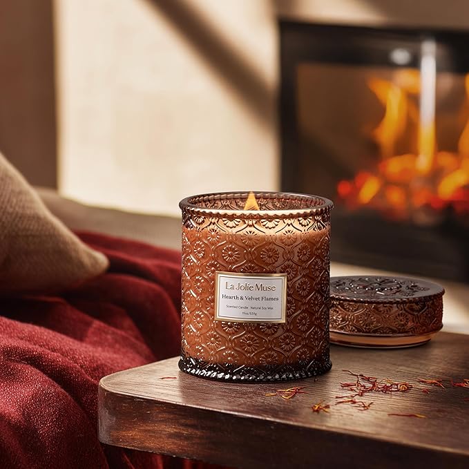 LA JOLIE MUSE Christmas Candles | Hearth & Velvet Flames | Saffron, Clove & Vanilla | 19 oz Large Wooden Wick Soy Candle | 90-Hour Clean Burn | Holiday Candle Gift | Gift-Ready for Hosts & Festive Gat