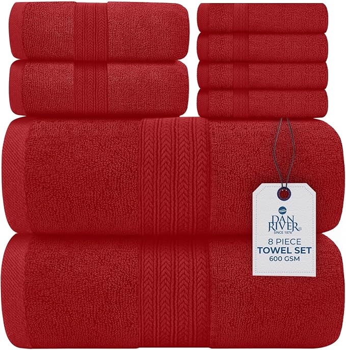 DAN RIVER 8 PC Luxury Bath Towels for Bathroom, 2 Bath, 2 Hand, and 4 Wash Cloths, 600 GSM 100% Ring Spun Cotton Towel Set, Highly Absorbent, Gym, Hotel, and Spa, Red