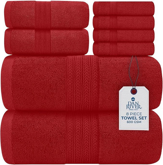 DAN RIVER 8 PC Luxury Bath Towels for Bathroom, 2 Bath, 2 Hand, and 4 Wash Cloths, 600 GSM 100% Ring Spun Cotton Towel Set, Highly Absorbent, Gym, Hotel, and Spa, Red