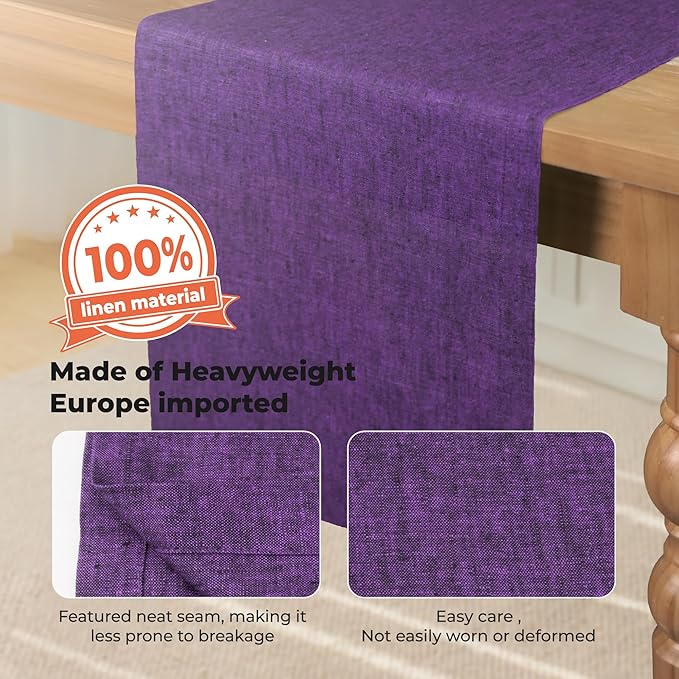 Small Coffee Farmhouse Table Runner for Fall, Thanksgiving, Christmas, and Winter - Athena - 100% Pure Linen - 14 x 36 Inches - Grape