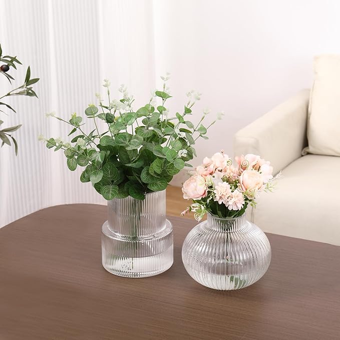 Ribbed Glass Vases, Set of 2 Fluted Vases for Flowers, Clear Glass Vase for Tulips, Modern Vase for Living Room, Kitchen, Office, Entryway, Mantle, Bookshelf, Wedding Gifts, Birthday