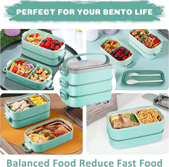 Bento Lunch Box for Kids Women Men, 47oz 2-Compartment Salad Metal Food Prep Pack Container for Lunch, Stainless Steel 3 Layers Stackable Lunch Containers with Lids for Adults and Teens Light Green