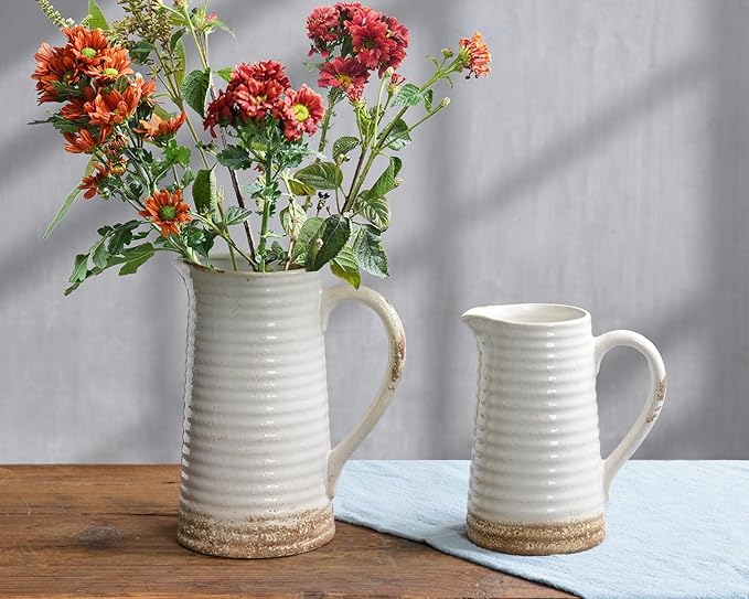 Quoowiit Ceramic Rustic Vase with Handle, White Distressed Decorative Farmhouse Pitcher Vase for Home Decor Living Room Bedroom Kitchen Office Shelf Decor Centerpiece Table Decoration