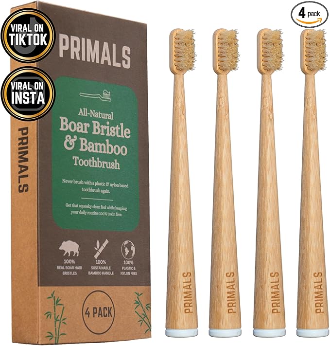 PRIMALS Boar Bristle & Bamboo Toothbrush (4-Pack) - Premium Boar Bristles - Fully Biodegradable - Plastic & Nylon Free - Quick Dry Design