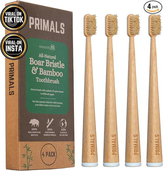PRIMALS Boar Bristle & Bamboo Toothbrush (4-Pack) - Premium Boar Bristles - Fully Biodegradable - Plastic & Nylon Free - Quick Dry Design