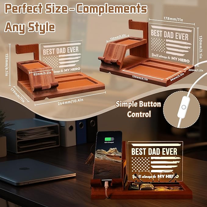 Attivolife Gifts for Dad Men Husband, LED Phone Docking Station Desk Organizer, Cell Phone Stand with Night Light, Best Dad Ever Gift for Father's Day, Key Holder, Stand for Wallet Watch Essentials