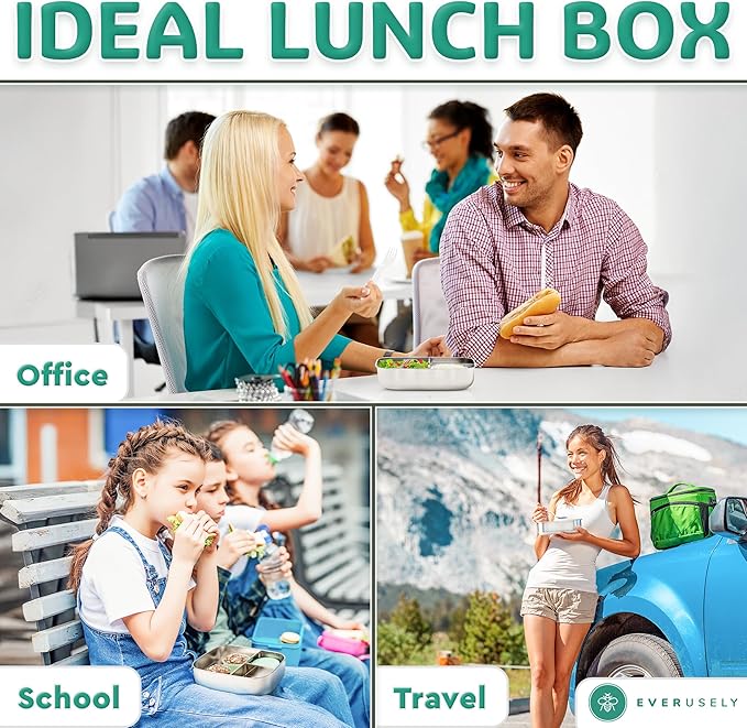 Everusely - Bento Box - Green, 37oz / 1.1 L - Stainless Steel Lunch Box with Leakproof Condiment Container - 3 Compartment Snack Organizer for On the Go Meals - Freezer & Dishwasher Safe