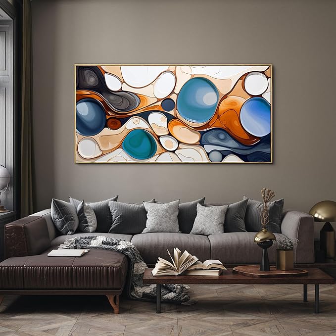 yiijeah Large Paintings for Living Room - Abstract Canvas Picture Boho Minimalism Modern Oversized Wall Decor Blue and Orange Prints Wall Decor for Office Bedroom Home Decoration - 58x29 Inches