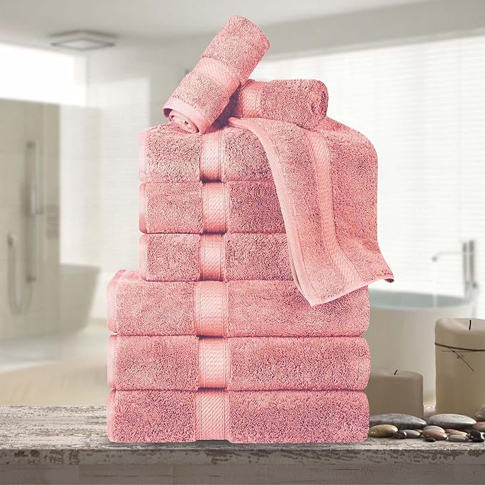 BNM Egyptian Cotton Heavyweight Towels, Ideal For Bathroom, Shower, Spa, Hotel, 800 GSM, Face/ Washcloths, Hand Towels, Bath Towels, Highly-Absorbent, Luxury Basics, 9 Piece Towel Set, Tea Rose Pink
