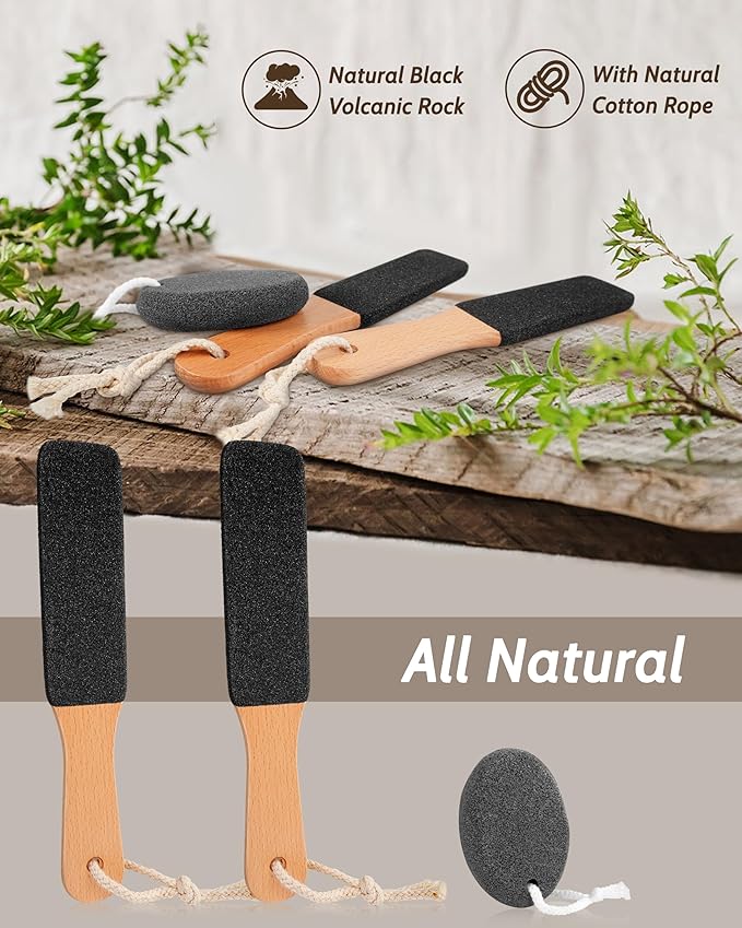 Pumice Stone Foot File, 4pcs Set Callus Remover for Feet with Wooden Handle, Pedicure Foot Scrubber to Remove Dead Skin, Dry, Rough, Corns Skin Scraper