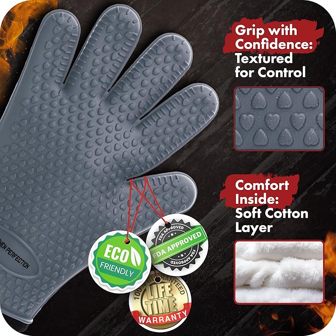 KITCHEN PERFECTION XL Silicone Smoker Oven Gloves for Women -Extreme Heat Resistant BBQ Gloves -Handle Hot Food Right on Your Grill Fryer&Pit|Waterproof Grilling Cooking Mitts|Superior Set+3 Bonuses
