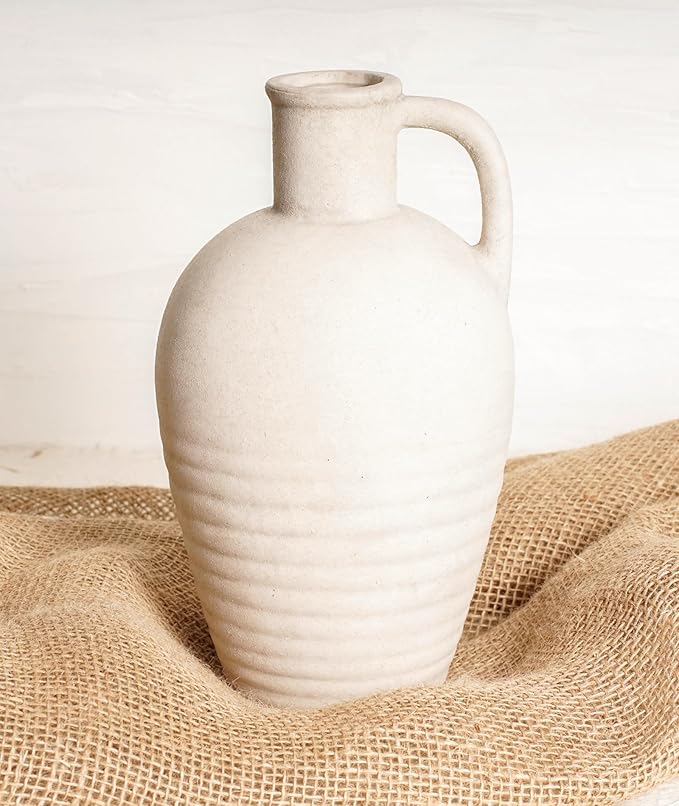 White Ceramic vase with Handle, 10inch Boho Unique Textured Pottery, Rustic Farmhouse Decorative Terracotta vases for Flowers, Centerpieces, Living Room.