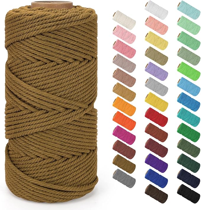Macrame Cord 4mm x 109Yards (328Feet), Natural Cotton Macrame Rope - 4 Strands Twisted Macrame Cotton Cord for Wall Hanging, Plant Hangers, Crafts, Gift Wrapping and Wedding Decorations, Caramel