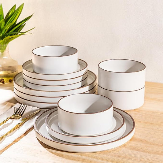 LERATIO Ceramic Dinnerware Sets for 4, High Edge Stoneware Plates and Bowls Set, Chip and Crack Resistant | Oven & Dishwasher & Microwave Safe Dishes Set, Service for 4 -Vanilla White