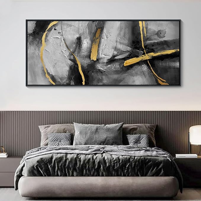CHATYOUNG Abstract Black Gray Gold Large Canvas Wall Art, Hand-Painted Golden Line Wall Paintings Framed Artwork for Living Room Bedroom Cafe Above Sofa Office Extra Large Home Decor 32"X71"