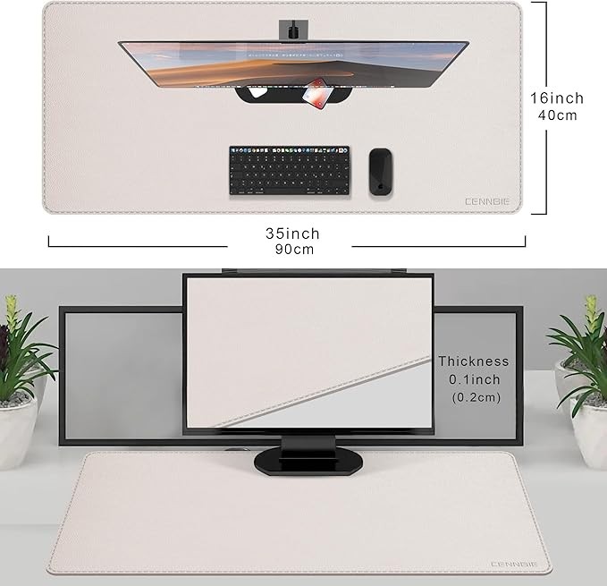 CENNBIE 35.5" x 16" Leather Desk Mat, Non-Slip Waterproof Extra Wide Desk Pad Protector,Computer Mouse Pad for Office Home (Cream)