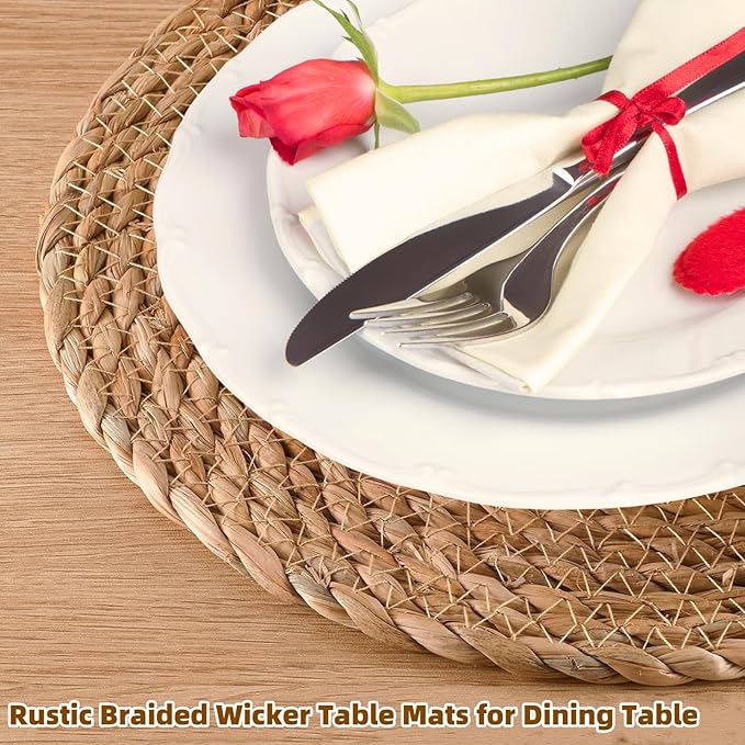Woven Placemats Set of 4, 13.5" Round Rattan Placemats, Natural Water Hyacinth Place mats, Farmhouse Weave Place Mats, Rustic Braided Wicker Table Mats for Dining Table, Home, Outdoor