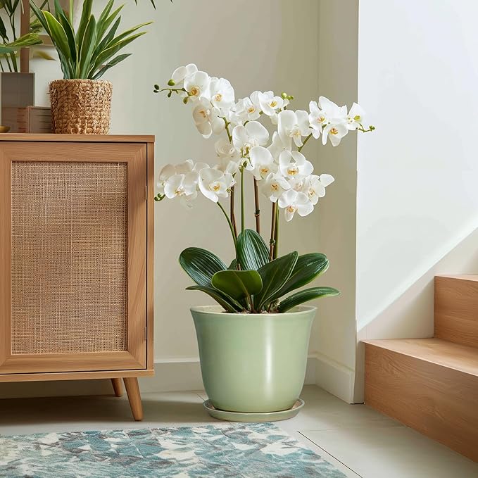 Ceramic Planter - 12 Inch Plant Pot for Indoor Outdoor, Round Planter with Drainage Hole and Saucer, Large Plant Pot, Modern Flower Pots, Home Garden Apartment Decor, Gardening Gifts, Green