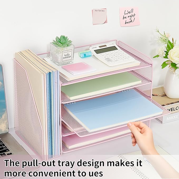 OPNICE 5-Tier Paper Organizer with Magazine Holder, Desk Organizers and Accessories, Office Desk Accessories & Workspace Organizers, Desktop File Organizer for Office Supplies Storage, Pink