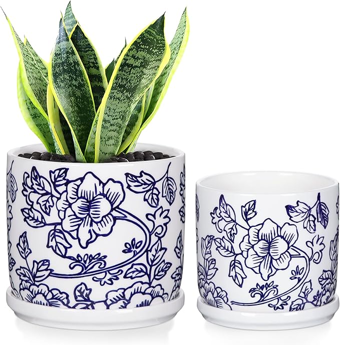 Set of 2 Blue and White Ceramic Plant Pots with Drainage Hole and Saucers, Retro Blue Porcelain Flowers Round Planters for Succulent Cactus Indoor Outdoor Garden Home Desktop Decor, 4.5+5.5 Inch