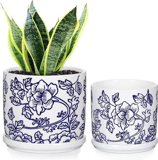 Set of 2 Blue and White Ceramic Plant Pots with Drainage Hole and Saucers, Retro Blue Porcelain Flowers Round Planters for Succulent Cactus Indoor Outdoor Garden Home Desktop Decor, 4.5+5.5 Inch