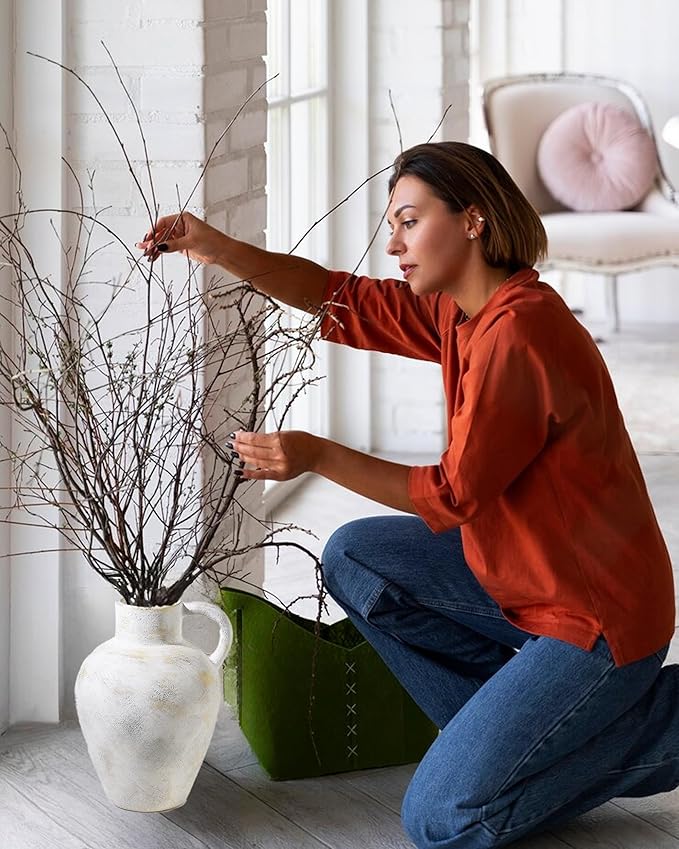 UPWOIGH Ceramic Flower Vase, 12 inch Tall Off-White Farmhouse Rustic Vase, Handcrafted Weathered Handle Pottery Vases, Large Flower Terracotta Vases for Home Decor, Living Room, Table, Shelf