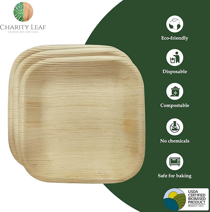 Charity Leaf Disposable Palm Leaf 6" Square Plates (50 pieces) Bamboo Like Serving Platters, Disposable Boards, Eco-Friendly Dinnerware For Weddings, Catering, Events