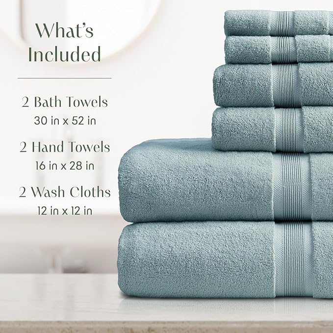 Springtree Home Luxury Bamboo Rayon Bath Towel Set 6 Piece Set | 35% Bamboo Rayon - 65% Cotton | Absorbent Quick-Dry Towels for Bathroom | Oeko-TEX Standard 100 Cotton | Aegean