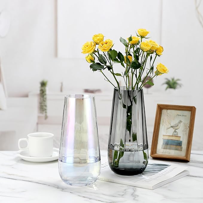 Irised Crystal Glass Vase Modern Flower vases for Bouquet,H-9.8" Tear Drop Design for Home Floor Decor,Farmhouse Decor, Centerpiece Office Table Decorations(Irised)