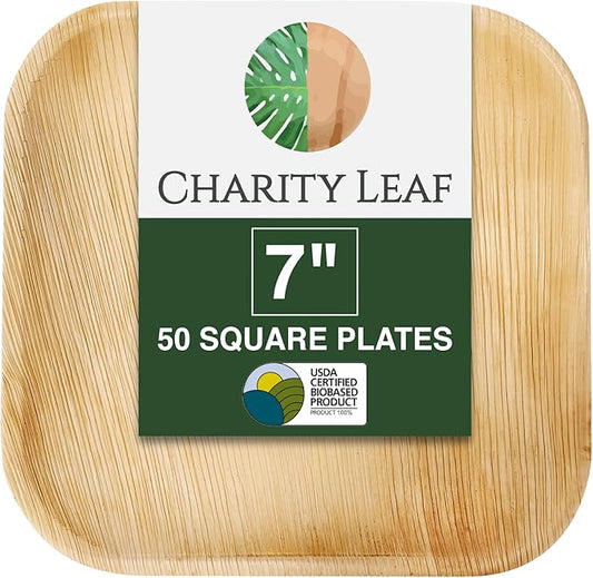 Charity Leaf Disposable Palm Leaf 7" Square Plates (50 pieces) Bamboo Like Serving Platters, Disposable Boards, Eco-Friendly Dinnerware For Weddings, Catering, Events