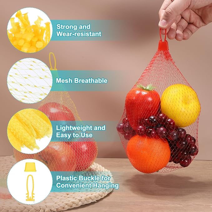 uxcell 100 Pcs Reusable Mesh Produce Bags, 35cm/14 Inch Washable Net Storage Bags Reusable Grocery Reusable Storage Bags with Plastic Buckle for Fresh Fruit Vegetables Seafood, Yellow