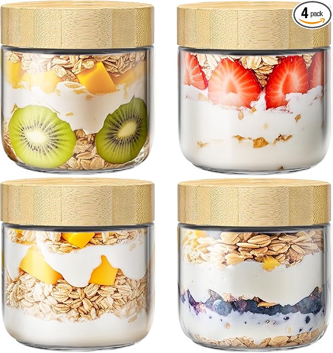 4 Pack 10oz Overnight Oats Containers with Bamboo Lids, Glass Jars with Airtight Lids for Meal Prep, Wide Mouth Mason Salad Jars, Glass Food Storage Container for Yogurt Chia Snacks Spice Sugar