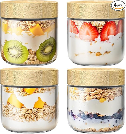 4 Pack 10oz Overnight Oats Containers with Bamboo Lids, Glass Jars with Airtight Lids for Meal Prep, Wide Mouth Mason Salad Jars, Glass Food Storage Container for Yogurt Chia Snacks Spice Sugar
