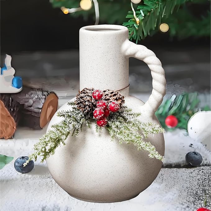 Ceramic Vase with Handles, Minimalist Modern Home Decor, Small Pampas Grass Vases for Table, Shelf Bookshelf, Mantel, Entryway Decorative Flower Vase Centerpieces for Dining Table