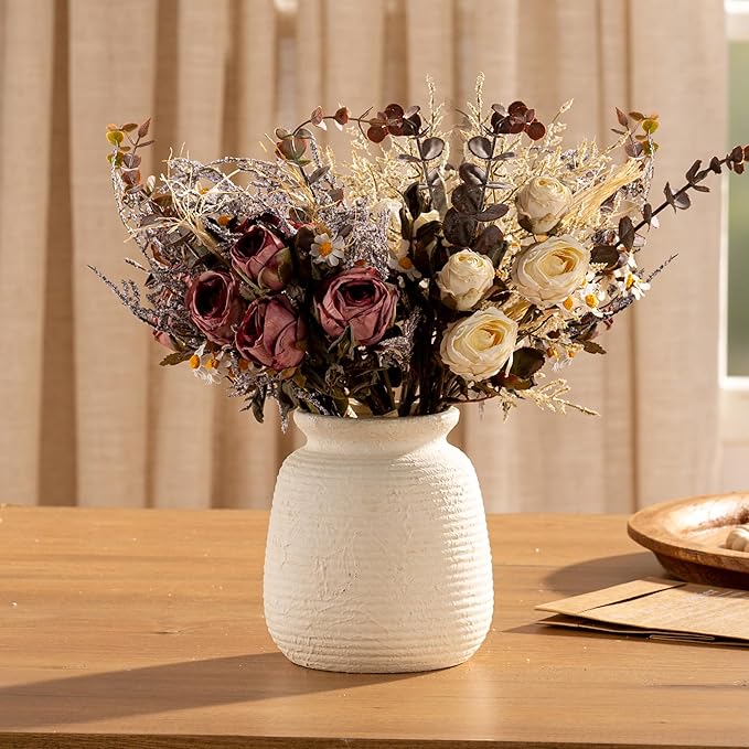 Ceramic Flower Vase, 6“ Small Rustic Farmhouse Vases Home Decor, Short Pottery Decorative Pampas Vase for Table Living Room Entryway Mantel Bookshelf Bedroom Bathroom Kitchen-White