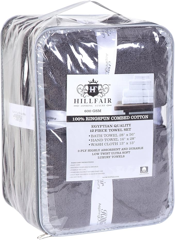 Hillfair 12 piece 600 GSM Cotton Bath Towels - Hotel Spa Quality - 2 Bath, 4 Hand, 6 Washcloths - Absorbent Super Soft Grey Cotton Set