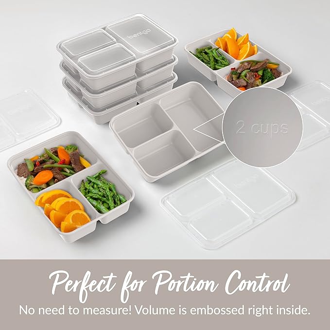 Bentgo Prep - 20-Piece 3-Compartment Reusable Meal Prep Containers with Lids, PFAS & BPA Free Materials, Durable, Microwave, Freezer, & Dishwasher Safe To Go Food Storage (Stone Gray)